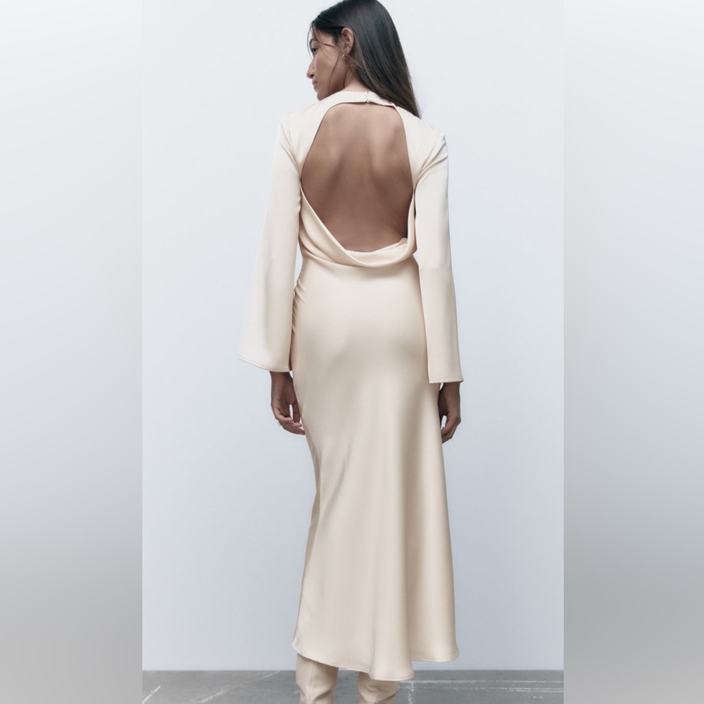 Zara Cream Long-Sleeve Midi Dress - Picture 2 of 6